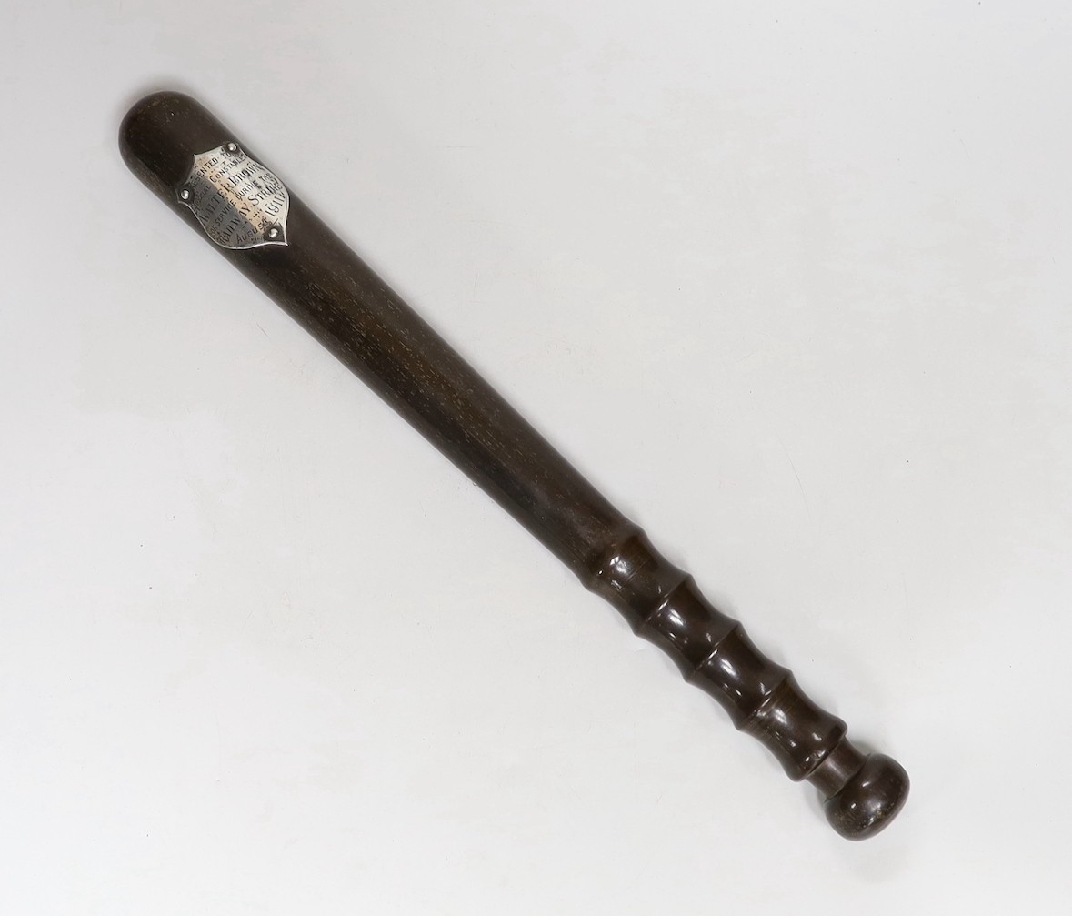 A George V sterling mounted hardwood truncheon with engraved dedication 'Presented to Special Constable Walter Brown for service during the Railway Strike 1911'